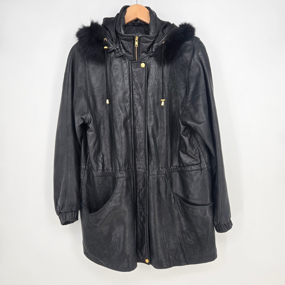 Vtg Worthington Black Lambskin Leather Parka Coat Fox Fur Hood Womens L Glam